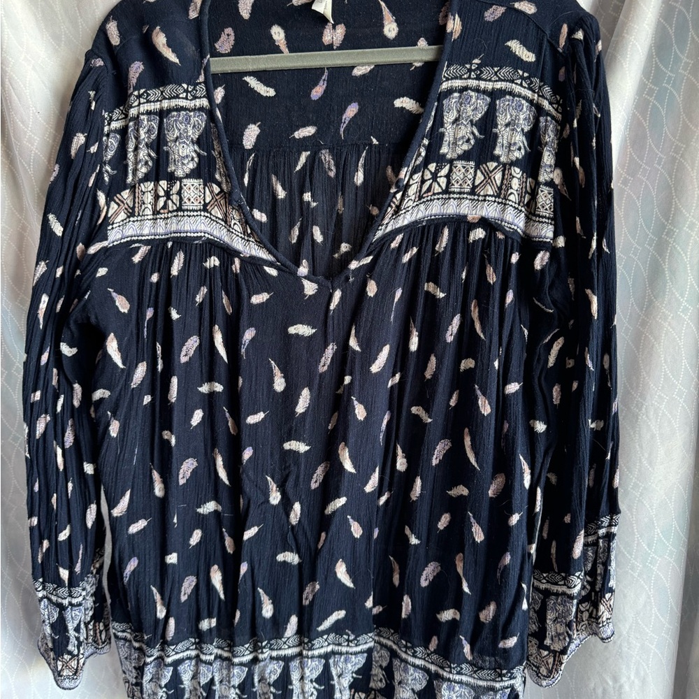 Women's Navy and White Patterned Peasant Boho Feather Cotton Gauze Top
